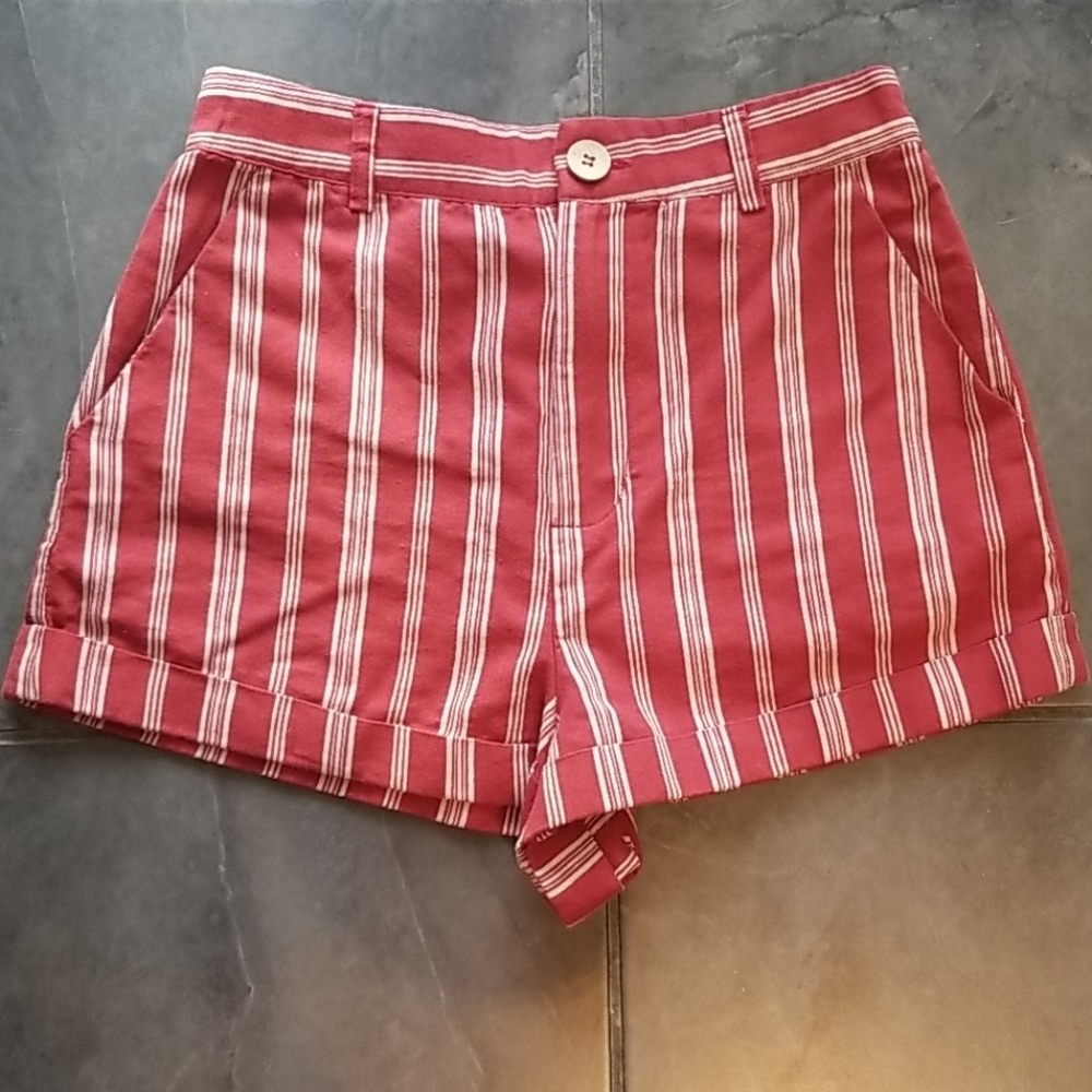 Forever 21 Linen Blend Striped Cuffed Shorts, S